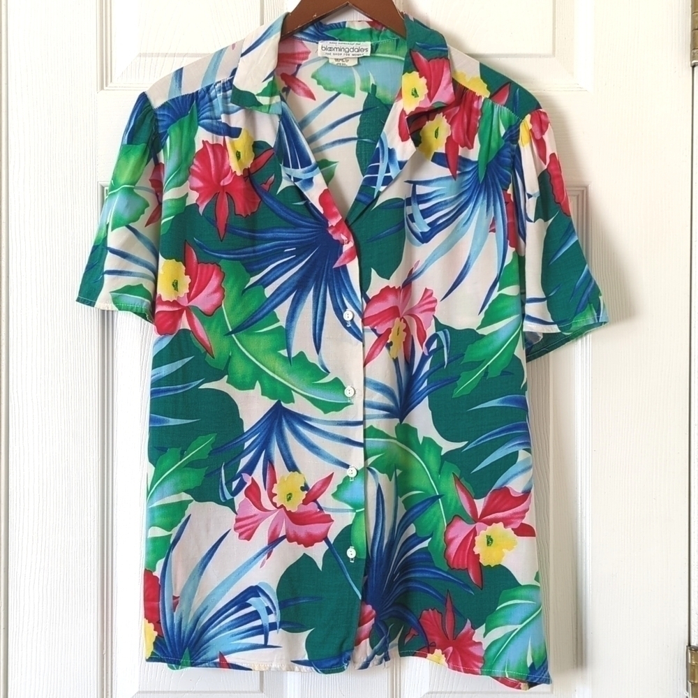 Bloomingdale's 80's Vintage Bright Tropical Short Sleeve Button Down Shirt Large
